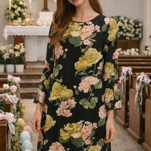 H&M Black Floral Long-Sleeve Midi Dress with Pink & Yellow Blooms